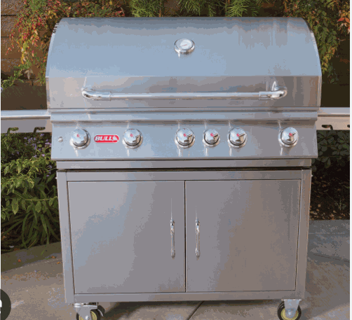 Brahma 38" 5-burner stainless steel grill with heavy duty cart, double doors, side shelves, and locking casters