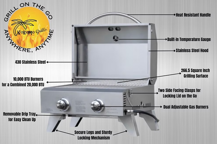 KoKoMo Portable Grill stainless steel tabletop BBQ with dual gas burners, temperature gauge, secure legs, and carrying handle for outdoor grilling.