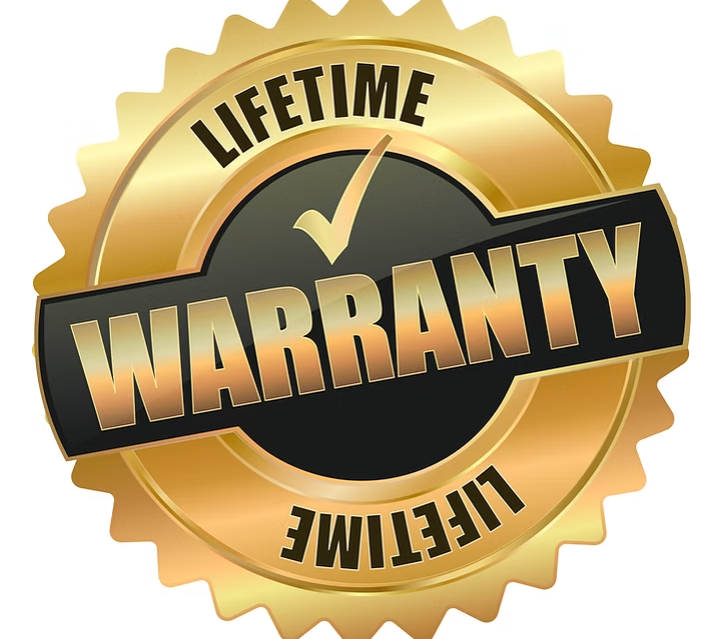 Gold and black lifetime warranty badge with check mark and circular design