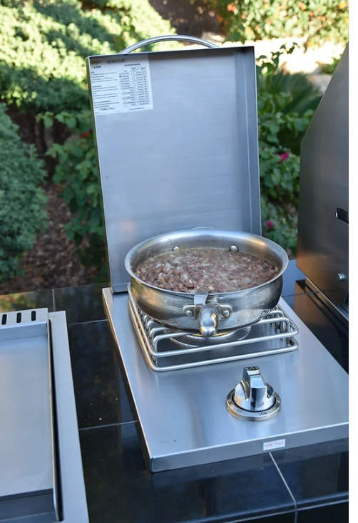 Kokomo single side burner stainless steel outdoor built-in cooking grill with pot and lid open