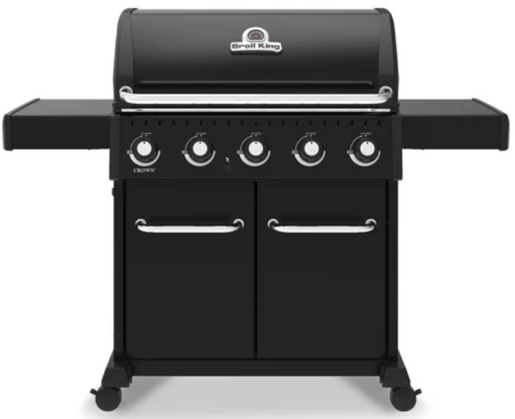 Broil King CROWN 520 professional-grade black grill with five control knobs and double-door storage cabinet on wheels