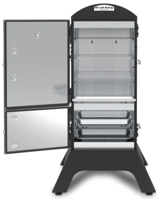 Broil King charcoal cabinet smoker with four adjustable stainless steel grids and dual doors, featuring Sure-Lite ignition and Roto-Draft damper system.