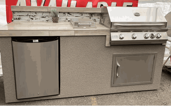 KOKOMO Bali BBQ Island outdoor kitchen with stainless steel grill, side burner, fridge, and backsplash