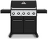 Broil King CROWN 520 professional-grade gas grill with five control knobs, black finish, side shelves, and storage cabinet.