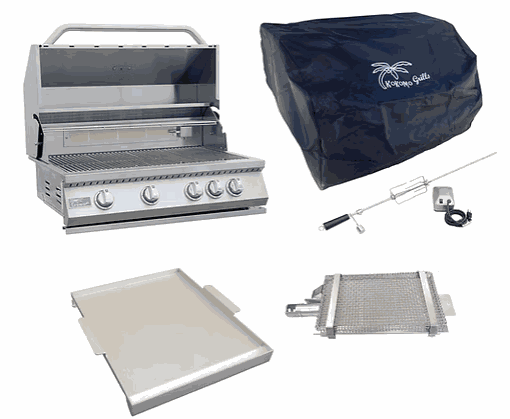 KOKOMO GRILL 4 burner stainless steel grill with cover, rotisserie, sear burner, and griddle insert combo pack