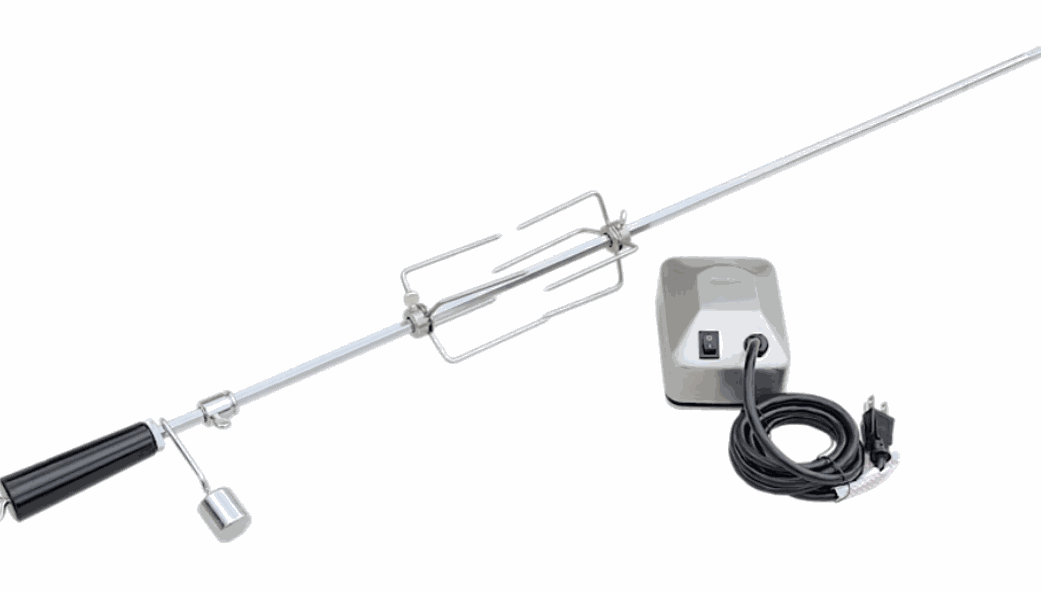 BBQ Grill Rotisserie Kit with stainless steel spit rod, handle, motor, forks, and counterbalance for KoKoMo grills