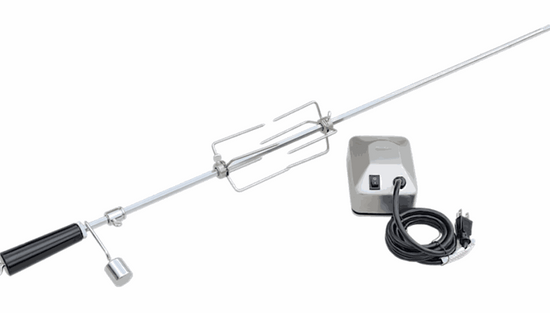BBQ Grill Rotisserie Kit with stainless steel spit rod, handle, motor, forks, and counterbalance for KoKoMo grills