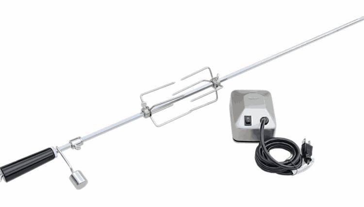 BBQ Grill Rotisserie Kit with stainless steel spit rod, handle, motor, forks, and counterbalance for KoKoMo grills