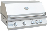 Kokomo 32-inch built-in stainless steel gas grill with four burner controls and hood-mounted temperature gauge
