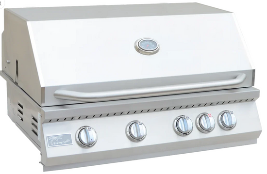 Kokomo 32-inch built-in stainless steel gas grill with four burner controls and hood-mounted temperature gauge
