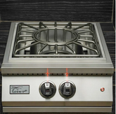 Stainless steel professional built-in power burner with LED lights, removable wok grate, and push-turn knobs for propane or natural gas.