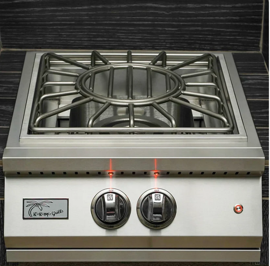 Stainless steel professional built-in power burner with LED lights, removable wok grate, and push-turn knobs for propane or natural gas.