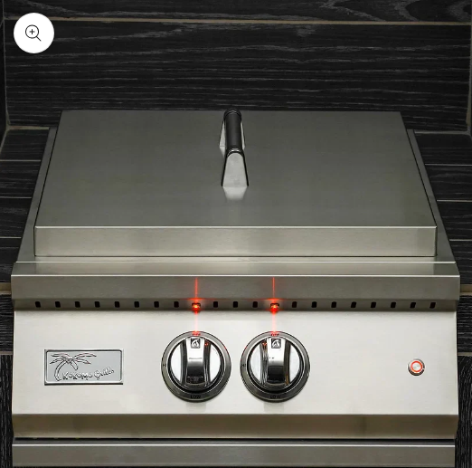 Stainless steel built-in power burner with LED lights, push turn knobs, and removable cover handle.