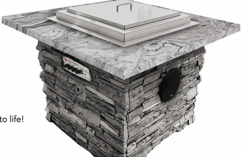 Blazing Beats Fire table outdoor stone base with granite top and sound-driven fire burner