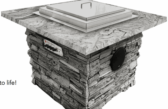 Blazing Beats Fire table outdoor stone base with granite top and sound-driven fire burner