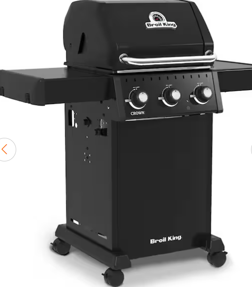Broil King CROWN 310 professional-grade grill with three control knobs and side shelves on wheels