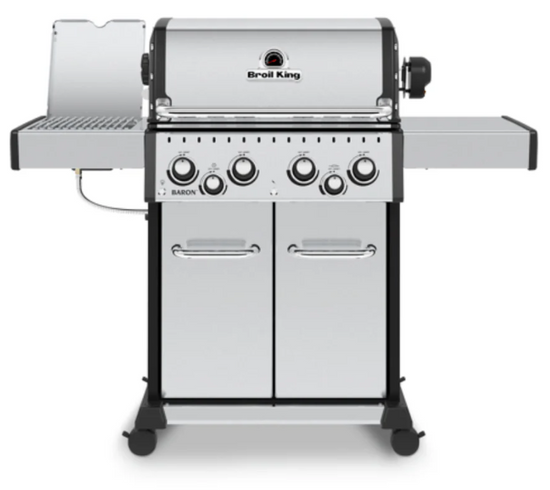 Broil King BARON S 490 PRO infrared grill with stainless steel, four burners, rotisserie, and 460 sq. in. cooking surface for professional outdoor cooking