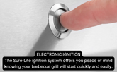 Finger pressing electronic ignition button on stainless steel Broil King BARON S 490 PRO IR grill panel for easy start