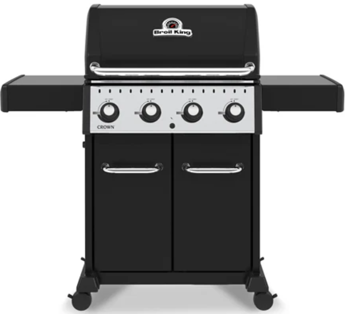 Broil King CROWN 420 professional-grade gas grill with four control knobs and side shelves