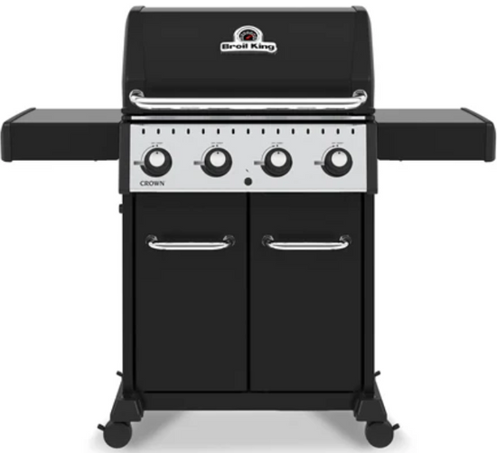 Broil King CROWN 420 professional-grade gas grill with four control knobs and side shelves