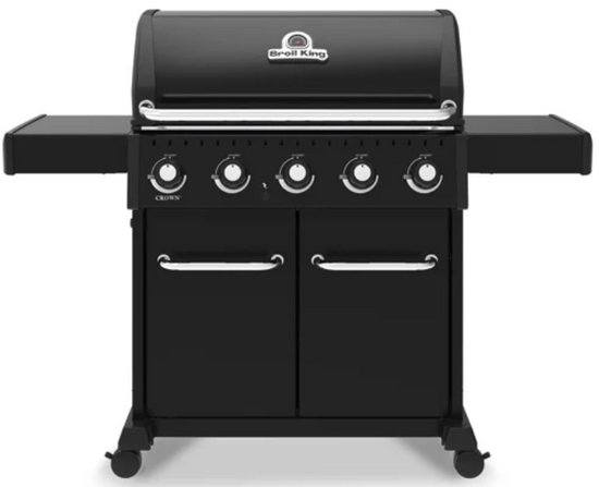 Broil King CROWN 520 professional-grade black grill with five control knobs and double-door storage cabinet on wheels