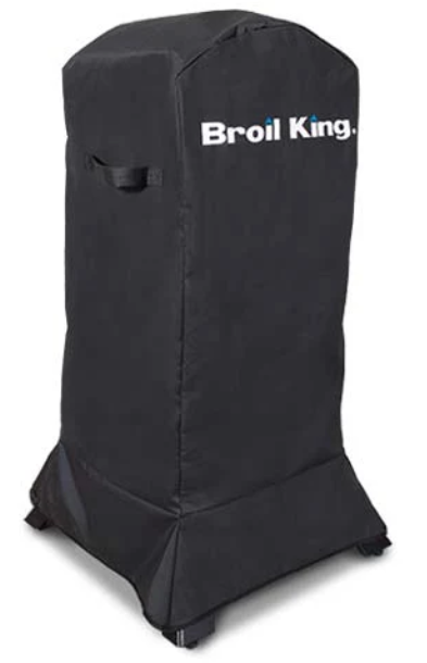 Broil King charcoal cabinet smoker covered with black protective cover showing logo and handles.