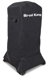 Broil King charcoal cabinet smoker covered with black protective cover showing logo and handles.