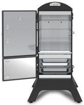 Broil King charcoal cabinet smoker with four adjustable stainless steel grids and dual doors, featuring Sure-Lite ignition and Roto-Draft damper system.