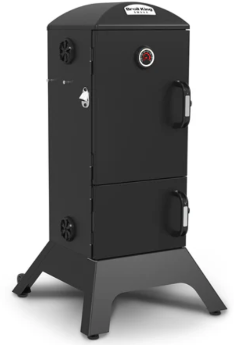 Broil King charcoal cabinet smoker with four adjustable cooking grids and Sure-Lite electronic ignition system, includes free cover with purchase