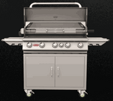 Brahma 38-inch 5-burner stainless steel grill with heavy duty cart, double doors, side shelves, and locking casters.