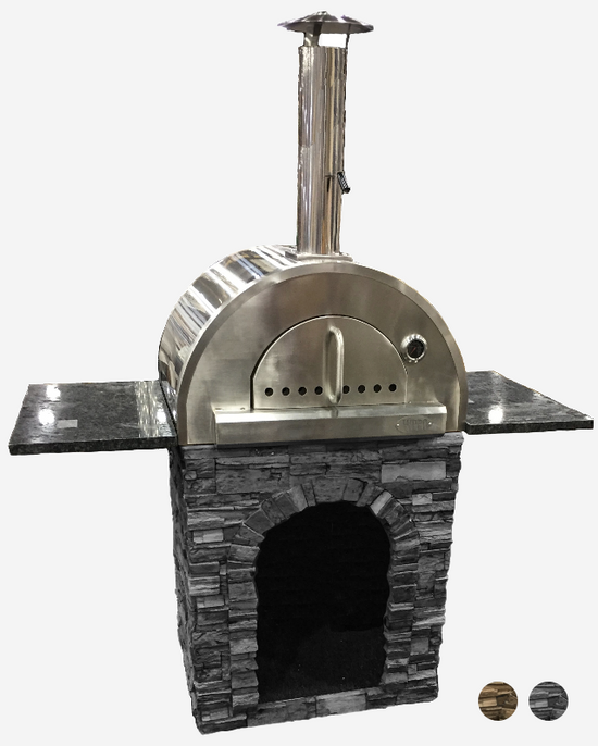 Pizza oven stand with stainless steel oven, granite side shelves, and stone base with arched wood storage.