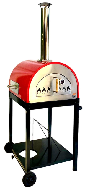 Traditional 25" dual fueled wood and gas pizza oven with stainless steel interior and red powder coat exterior on wheeled stand