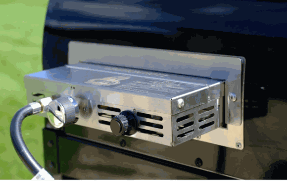 Traditional 25" Dual Fueled pizza oven gas attachment close-up with stainless steel finish