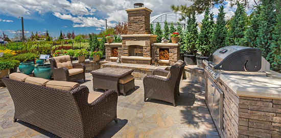 Crackling wood fireplace in a cozy backyard patio setting